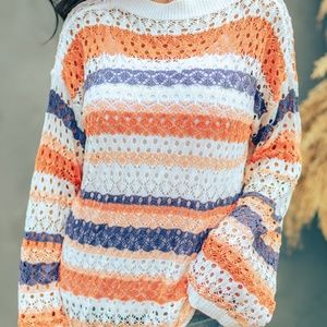 Multicolored Stripe Openwork Knit Pullover